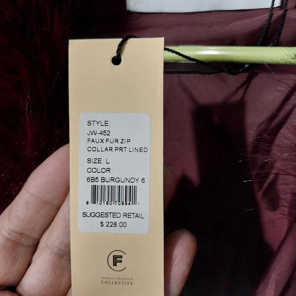 Rebecca Minkoff Fuax Fur Coat, Burgundy, NWT, Size L - Picture 4 of 10